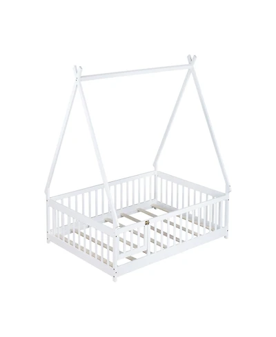 Clihome Full Size Rubber Wood Tent-shaped Floor Bed,with Guardrails,Slats and Door