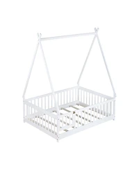 Clihome Full Size Rubber Wood Tent-shaped Floor Bed,with Guardrails,Slats and Door