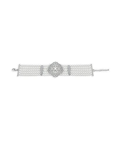 Bling Jewelry Antique Art Deco Style Statement 5 Row Wide Comfort Stretch Simulated Pearl Floral Silver Plated Brass