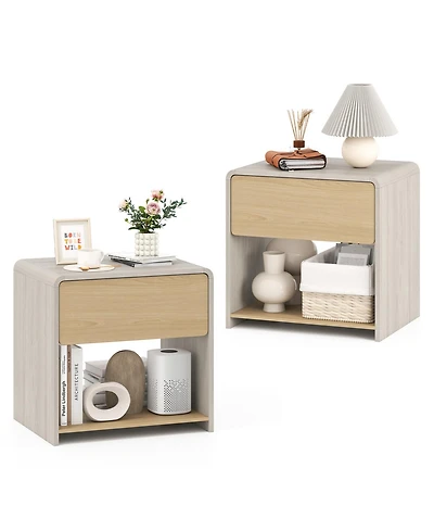 Gymax 2-Pieces Modern Style Nightstand 2-Tier Sofa Side Bedside Table with Drawer and Open Shelf