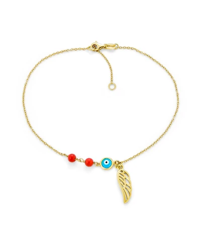 Bling Jewelry Turkish Spiritual Guardian Angel Wing and Evil Eye Anklet Bracelet 14k Gold Plated Sterling Silver