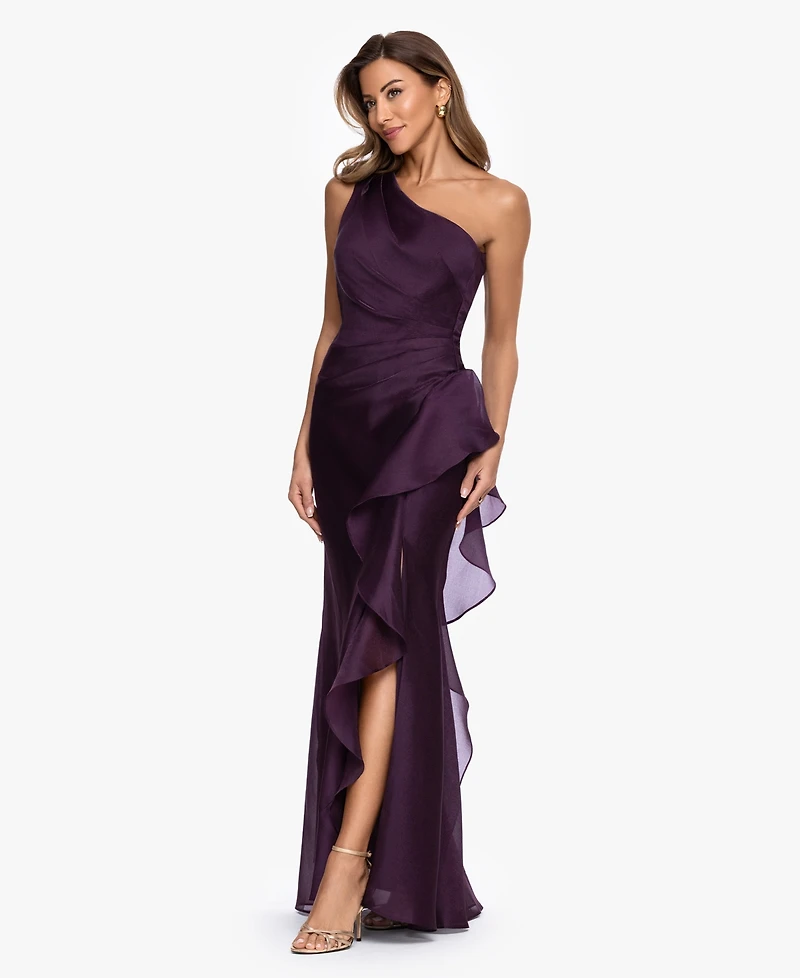 Xscape Women's One-Shoulder Ruffle Detail Ball Gown