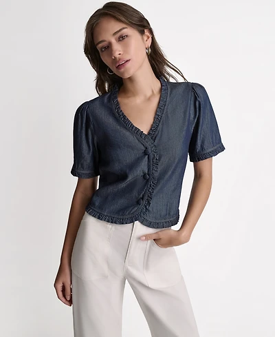 Bcbg Women's Short-Sleeve Ruffle Detail Button-Front Top
