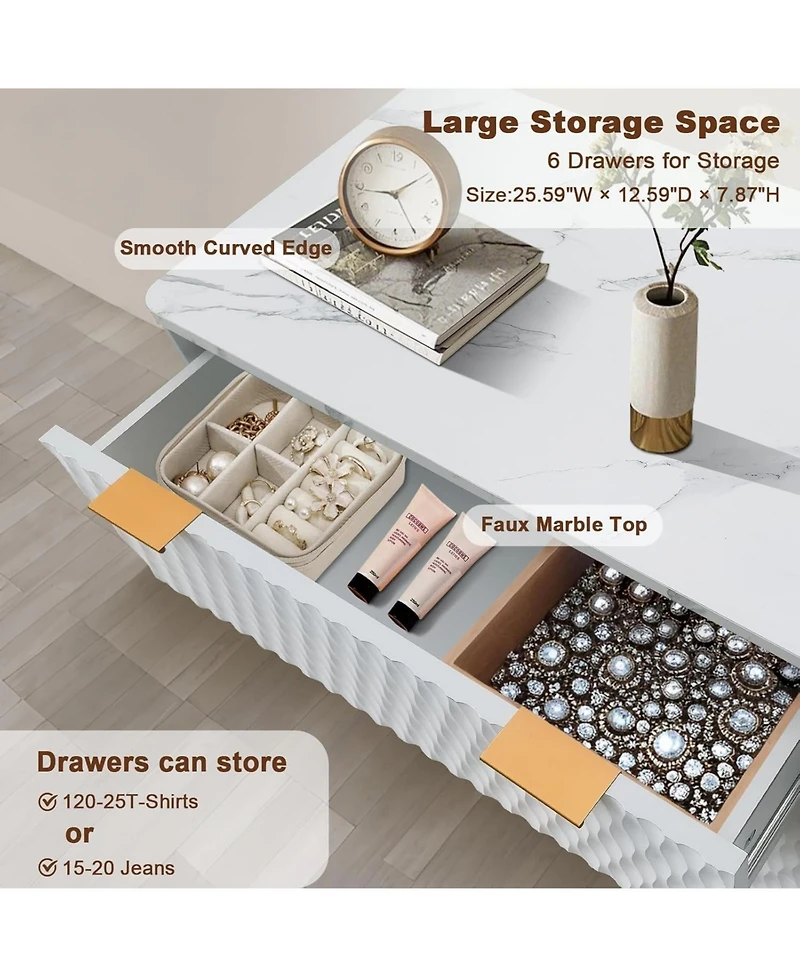 gaomon 6-Drawer Fluted Wood Dresser, Faux Marble Top, Modern Storage Organizer for Bedroom, Living Room, Hallway, Entryway
