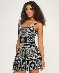 Seni & Cade Juniors' Printed Square Neck Eyelet Drop Waist Short Dress