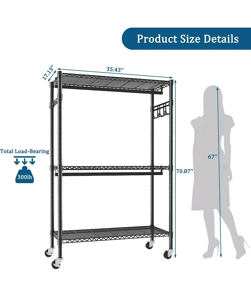 Rainsken Heavy Duty Clothing Rack with Wheels, Closet Organizer with Adjustable Metal Wire Shelving, 2 Clothes Rails and Side Hooks for Bedroom