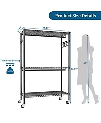 Rainsken Heavy Duty Clothing Rack with Wheels, Closet Organizer with Adjustable Metal Wire Shelving, 2 Clothes Rails and Side Hooks for Bedroom