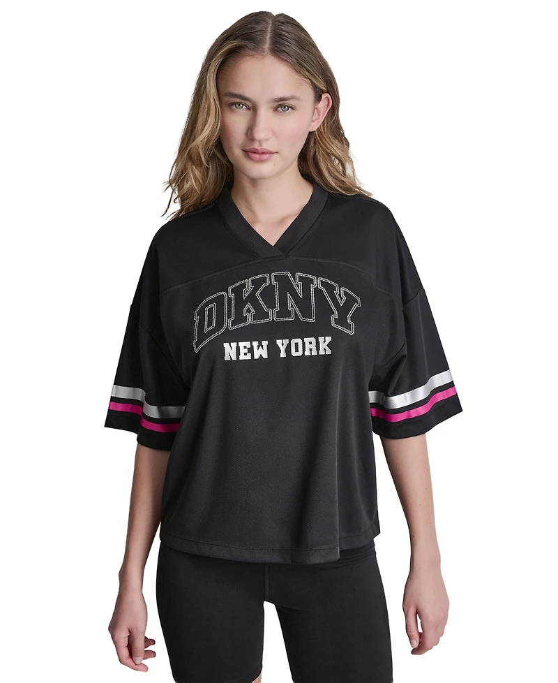 Dkny Sport Women's Varsity Rhinestone V-Neck Sports Jersey