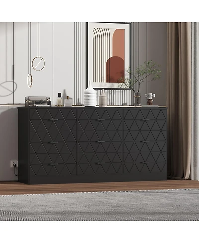 homfan Modern 9-Drawer Dresser with Power Outlet and Charging Station, Tv Stand, Metal Handles, Organizer for Bedroom, Living Room