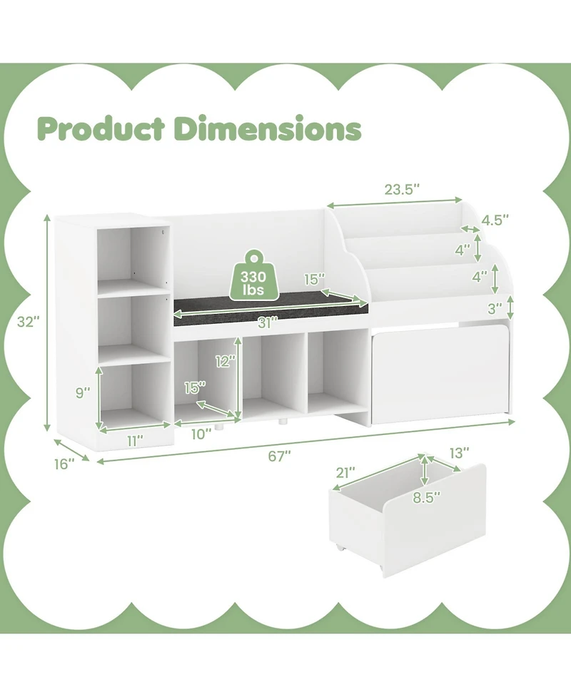Gymax Wooden Kids Bookshelf with Reading Nook Padded Seat Open Cubes Adjustable Shelf