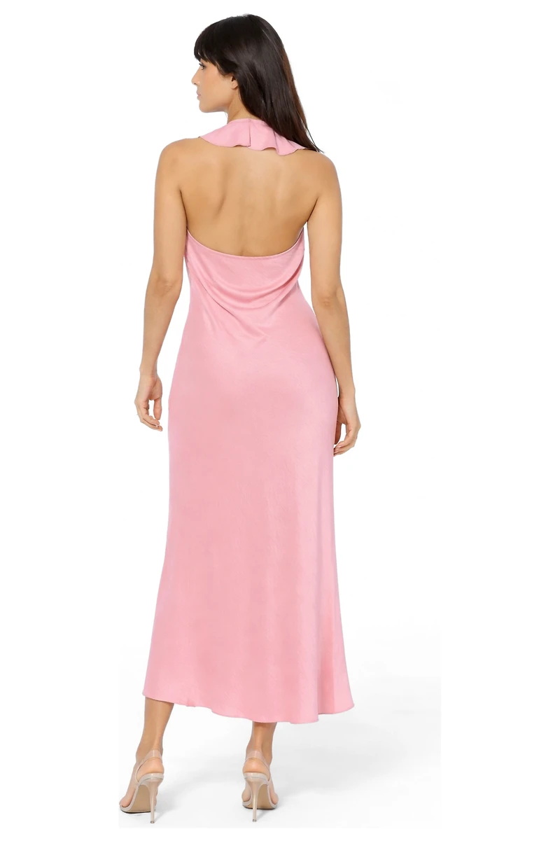 Bebe Women's Crushed Satin Ruffle Halter Maxi Dress