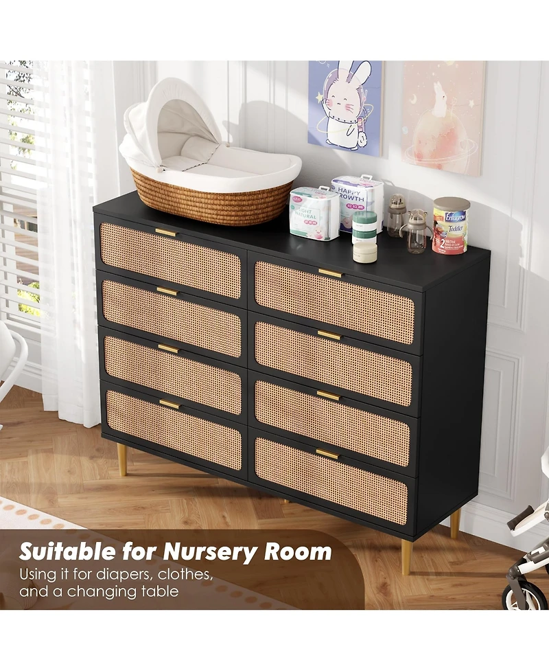 homfan Rattan 8-Drawer Tall Dresser, Large Wooden Storage Chest with Deep Drawers and Wide Top for Multi-Room Use