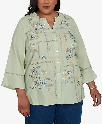 Alfred Dunner Plus Indigo Girls Floral Embroidered Squares Button Front Top
