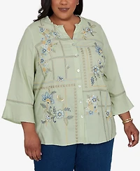 Alfred Dunner Plus Indigo Girls Floral Embroidered Squares Button Front Top