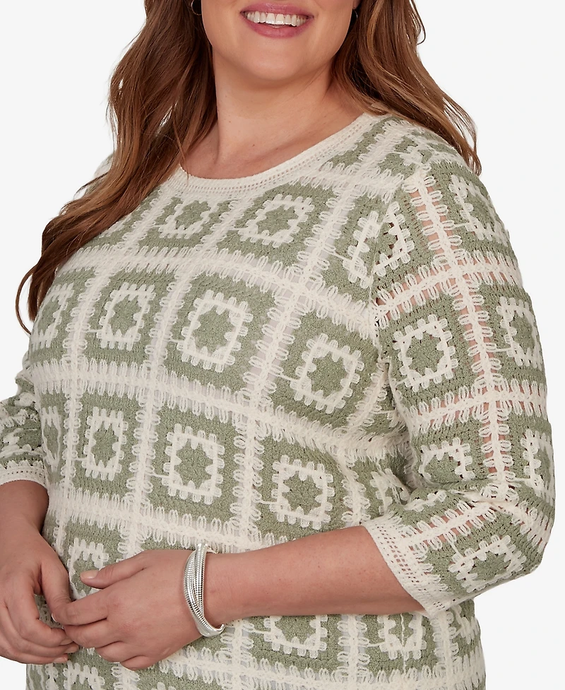 Alfred Dunner Plus Indigo Girls Crochet Squares Top