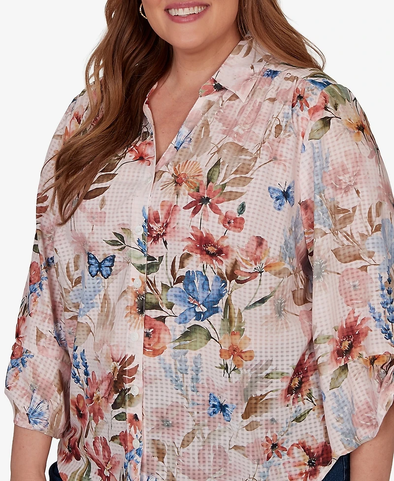 Alfred Dunner Plus Camden Market Botanical Butterfly Button Front Top