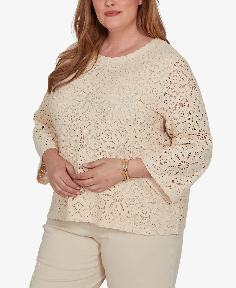 Alfred Dunner Plus Camden Market Floral Crochet Lined Knit Top