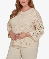 Alfred Dunner Plus Camden Market Floral Crochet Lined Knit Top
