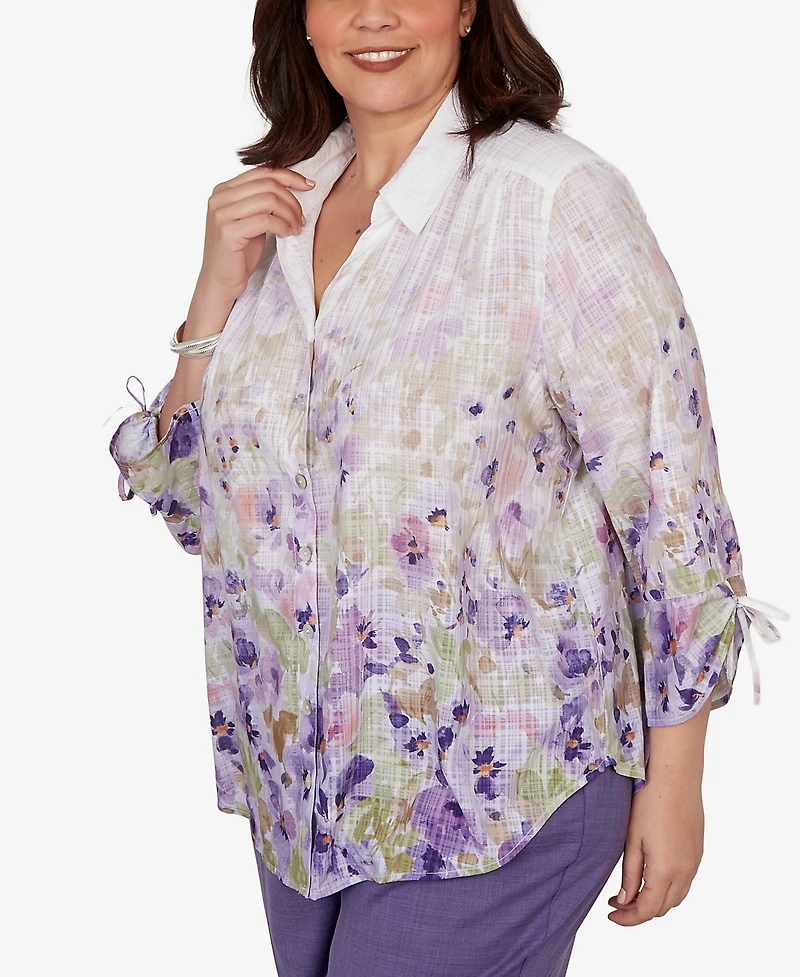 Alfred Dunner Plus Grand Bazaar Floral Ombre Button Down Top
