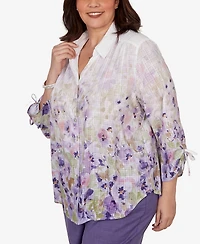 Alfred Dunner Plus Grand Bazaar Floral Ombre Button Down Top