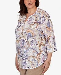 Alfred Dunner Plus Grand Bazaar Jacobean Floral Split Neck Top