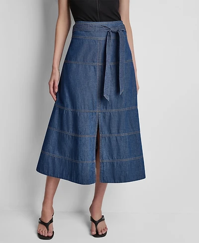 Dkny Women's Tie-Waist Contrast Stitch Cotton Midi Skirt