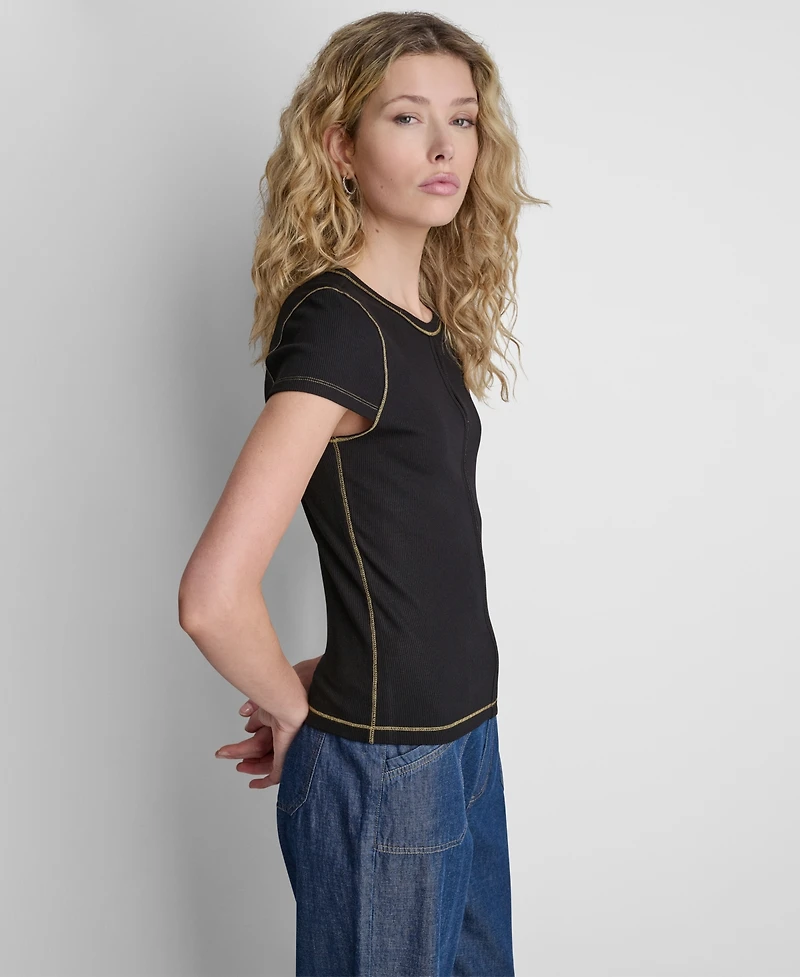 Dkny Women's Crewneck Contrast Stitch Top