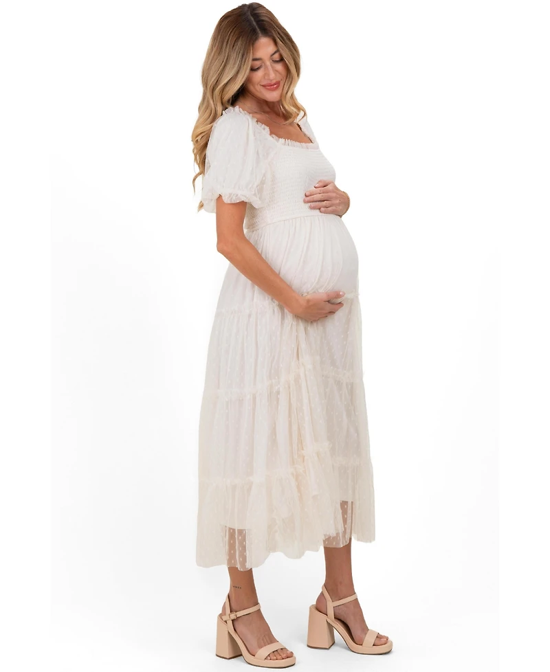 Pinkblush Maternity CreamTulle Puff Sleeve Smocked Midi Dress