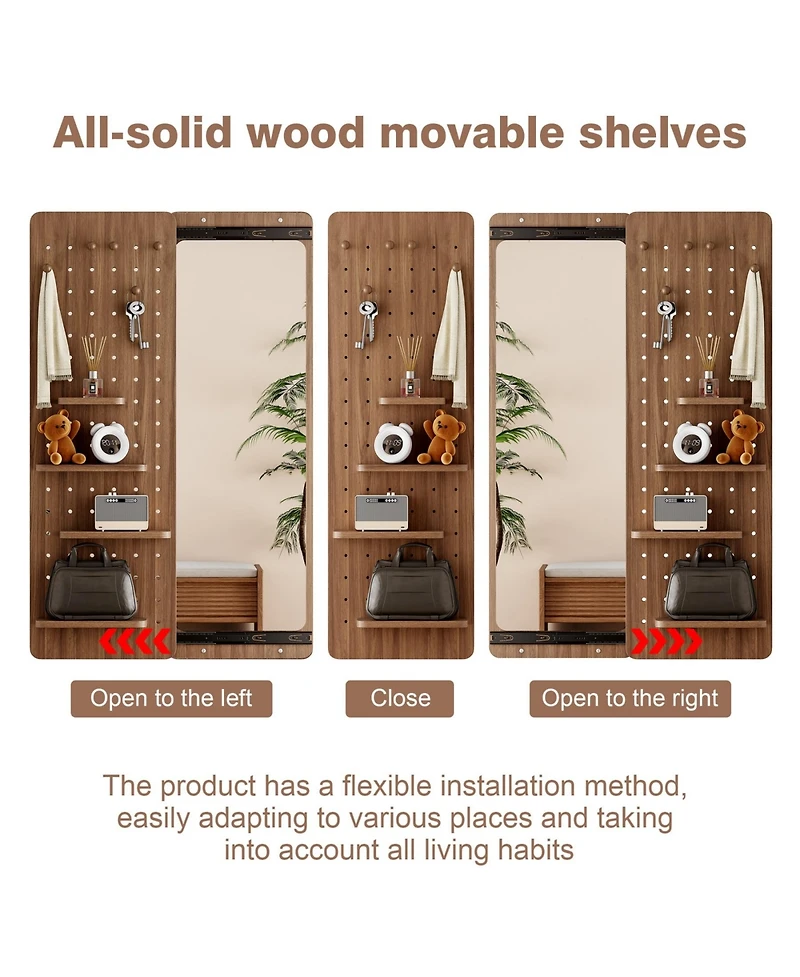 Phying Walnut Multi Functional Design Panel Wall Mounted Full Length Mirror Space Saving Can Be Pushed and Pulled for Bedroom Living Room Entrance