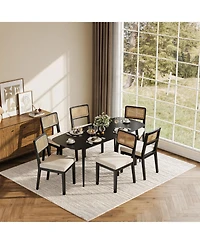 homfan Modern Armless Rattan Dining Chairs, Set of 2 – Upholstered Linen Seat, Sturdy Wood Frame, Breathable Rattan Backrest – Ideal for Kitchen