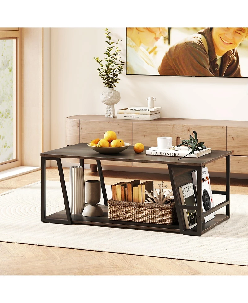 Gymax 40'' Coffee Table and 2-Tier Modern Farmhouse Center Table w/Storage Shelf