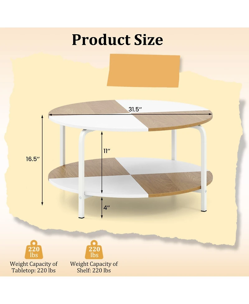 Gymax 2-Tier Round Coffee Table With Storage Shelf Metal Frame for Living Room Apartment