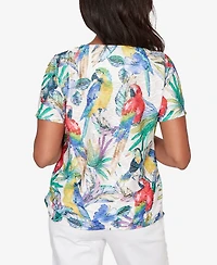 Alfred Dunner Petite Parrot Tropical Beaded Neck Top