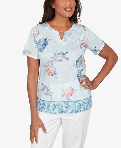 Alfred Dunner Petite Sea Turtle Border Split Neck Top