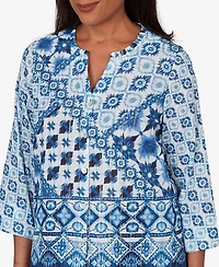 Alfred Dunner Petite Indigo Girls Ikat Tie-Dye Patchwork Henley Top