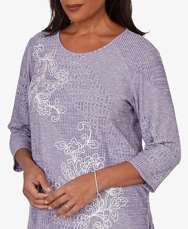 Alfred Dunner Petite Grand Bazaar Embroidered Diagonal Textured Knit Top
