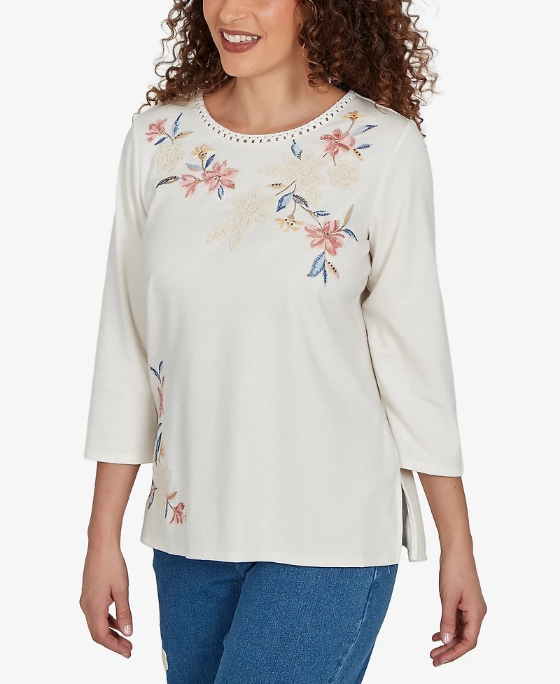Alfred Dunner Petite Camden Market Crochet Embroidered Floral Knit Top