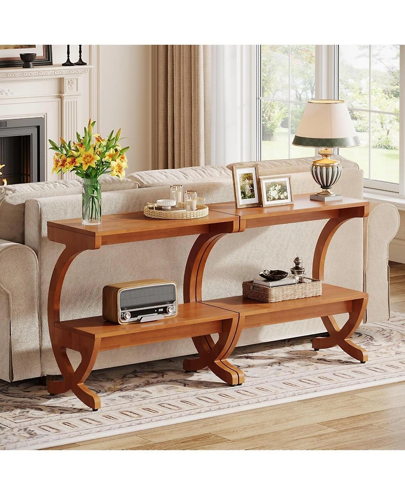 Tribesigns Wood End Table Set of 2, 2-Tier Side Table with Curved Crossed Legs for Living Room, Bedroom, Small Space, Walnut