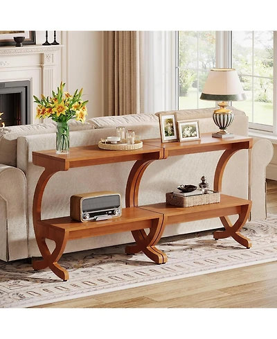 Tribesigns Wood End Table Set of 2, 2-Tier Side Table with Curved Crossed Legs for Living Room, Bedroom, Small Space, Walnut