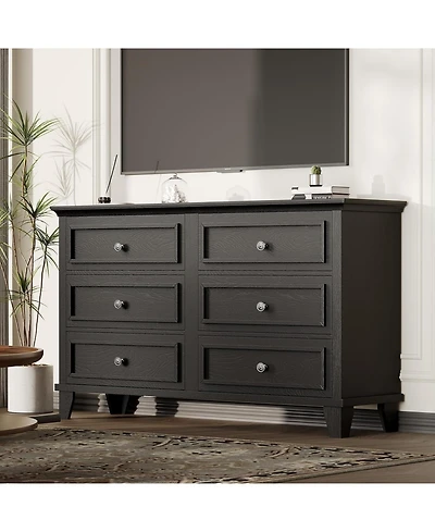 homfan Farmhouse Dresser for Bedroom with 6 Drawer, Double Tv Stand Vintage Handle, Wide Wood Dressers and Chests of Drawers