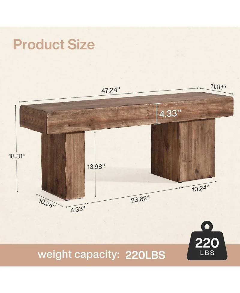 Tribesigns Solid Wood Dining Bench, 47" Farmhouse Bench with Thickened Seat and Artistic Legs, Entryway