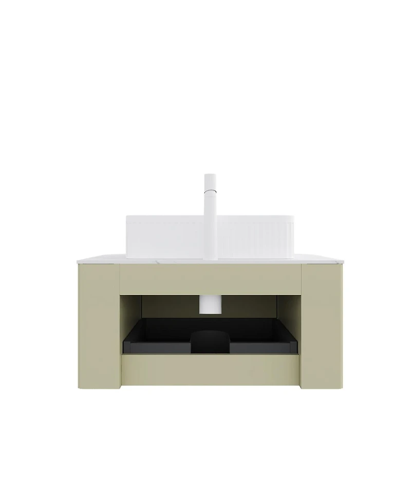 Sillysis Light Green Wall Mounted Bathroom Vanity with Ceramic Sink, Plywood Cabinet, Soft Close Striped Drawer, Pre-assembled