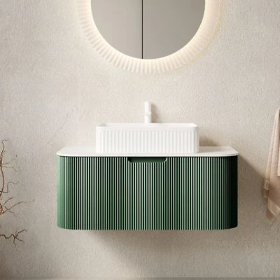 Sillysis Light Green Wall Mounted Bathroom Vanity With Ceramic Sink Plywood Cabinet Soft Close Striped Drawer Pre Assembled