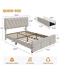 Homfan upholstered platform bed with padded headboard, wood slats, and 2 storage drawers-no box spring needed