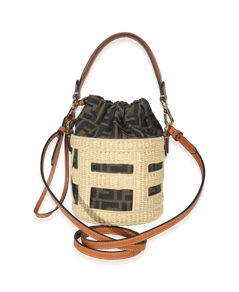 Pre-Owned Fendi Beige Brown Raffia Zucca Canvas Ff Step Out Bucket Bag