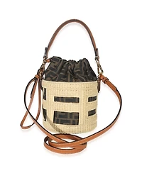 Pre-Owned Fendi Beige Brown Raffia Zucca Canvas Ff Step Out Bucket Bag