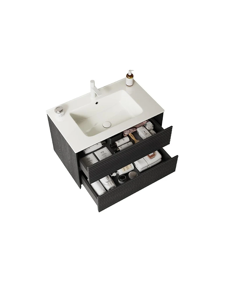 Sillysis 30 Inch Wall-Mounted Bathroom Vanity with Ceramic Sink, 2 Soft Close Drawers, Modern Black Plywood Storage Cabinet