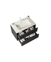 Sillysis 30 Inch Wall-Mounted Bathroom Vanity with Ceramic Sink, 2 Soft Close Drawers, Modern Black Plywood Storage Cabinet
