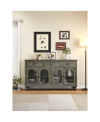 Streamdale Furniture 59 Inch Farmhouse Sideboard Buffet with 3 Drawers and 4 Glass Doors