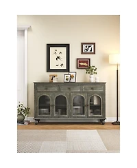 Streamdale Furniture 59 Inch Farmhouse Sideboard Buffet with 3 Drawers and 4 Glass Doors